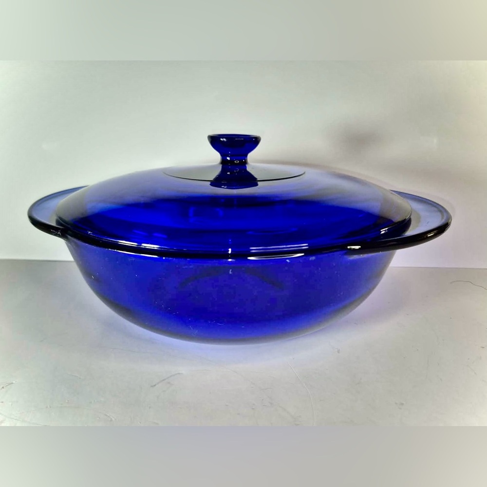 Vintage Blue Cobalt Glass Round Baking Dish with Lid, Handles 2qt Anchor Hocking